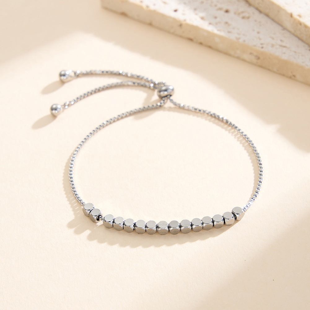 Gold Plated Stainless Steel Adjustable Slider Box Chain Bracelet, Small Cube Beads, Pull Slide Clasp Design