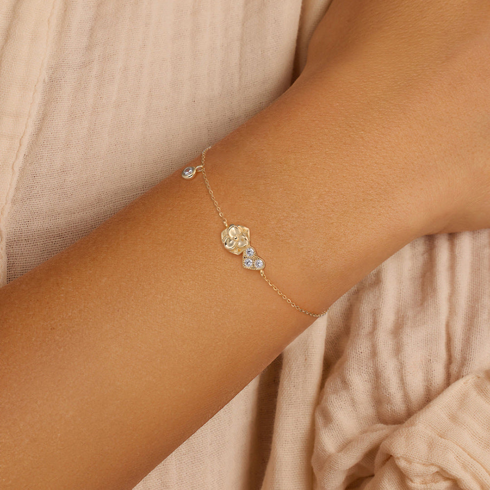 925 Sterling Silver Heart And Flower Bracelet