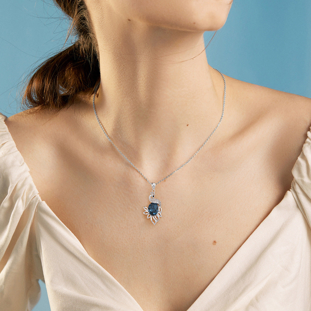 Silver Stainless Steel Peacock Pendant Necklace, Oval Deep Blue CZ with Paved Clear CZ Peacock Charm Necklace