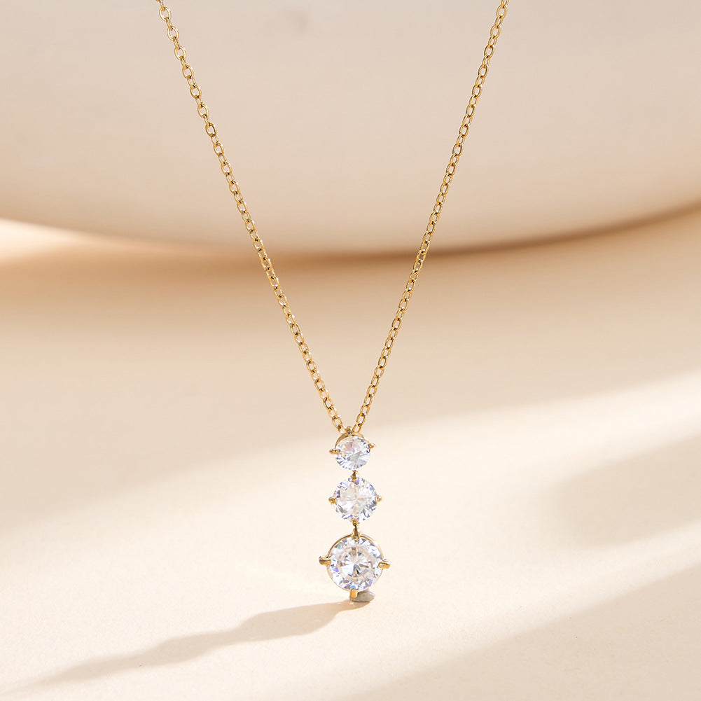 Silver Stainless Steel Graduated Round CZ Drop Necklace, Three Tier Size Increasing Round Cubic Zirconia Pendant Rolo Chain