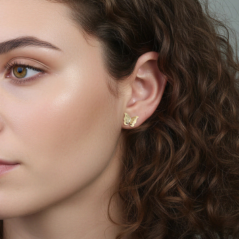 Gold Plated Stainless Steel Layered Butterfly Stud Earrings with Sandblast Glitter Wings