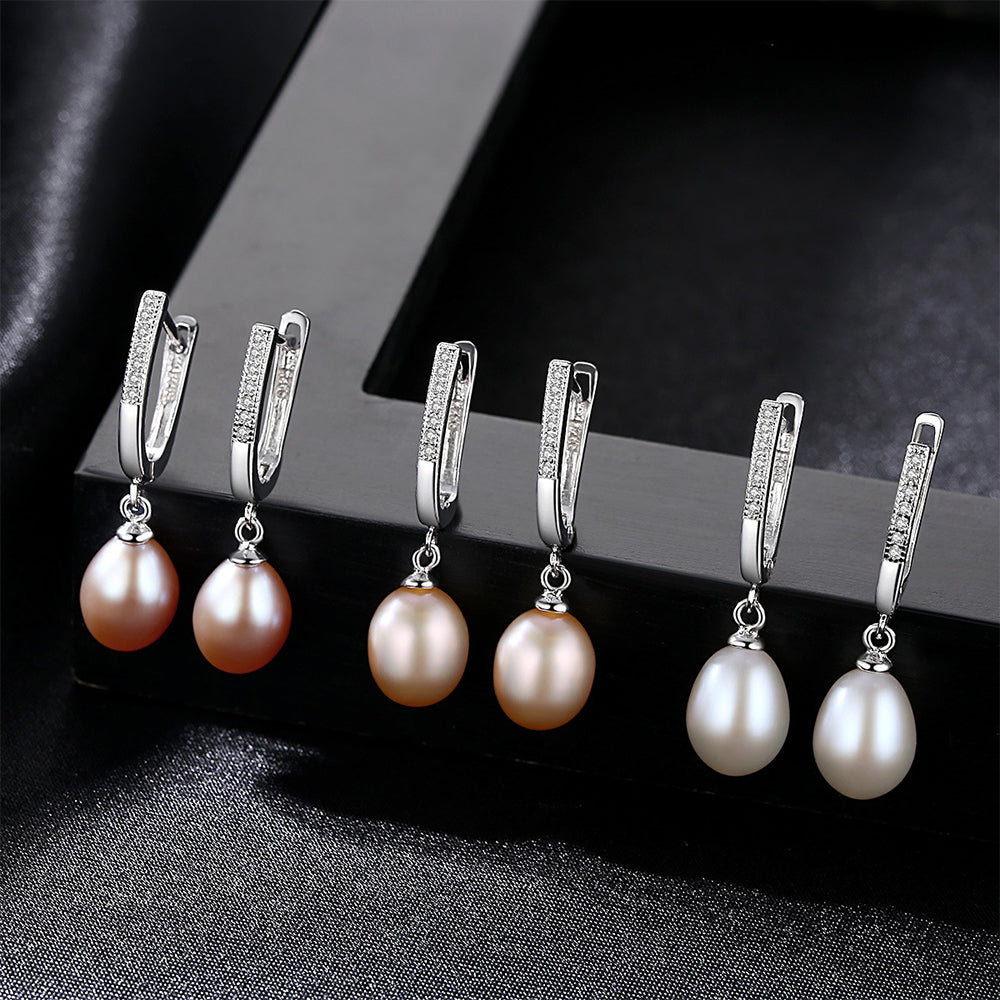 925 Sterling Silver Natural Pearl Drop Huggie Earrings Fashion Jewelry Gift for Women Girls