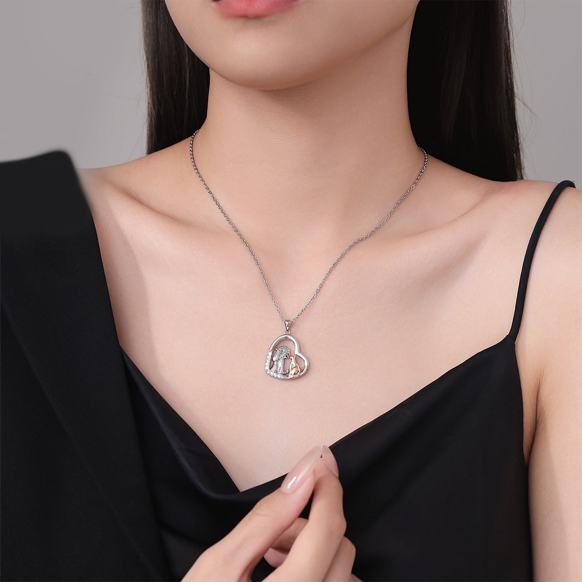 Copper With Silver/Rosegold Plated Girl and Dog Heart Pendant Necklace