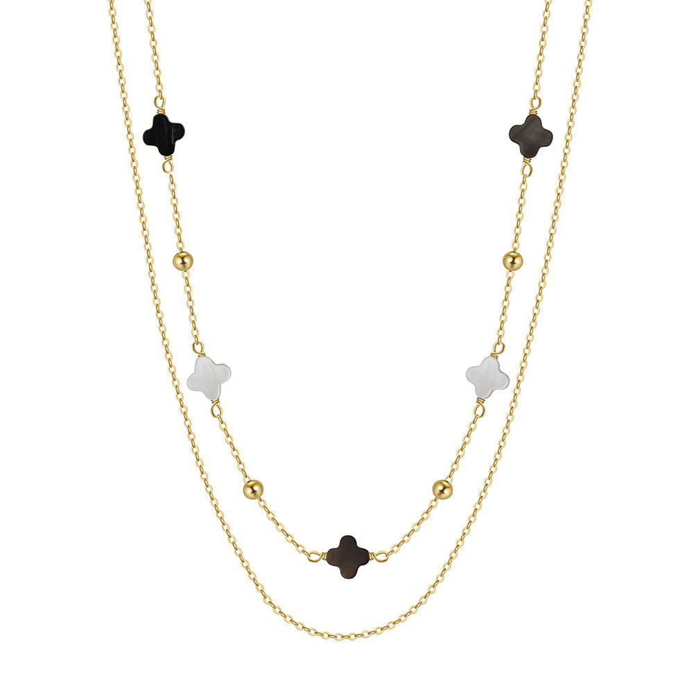 Silver Double Layer Clover Beaded Necklace, Two-Tone Black & Silver Four Leaf Clover Charms with Round Metal Ball Spacers