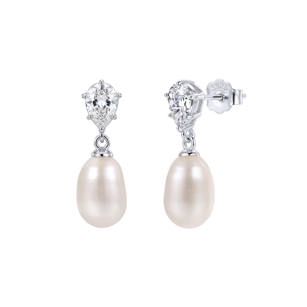 S925 Sterling Silver Pear Cut CZ Teardrop Freshwater Pearl Dangle Earrings, Pear Shape Cubic Zirconia with Lustrous Drop Pearl Earrings