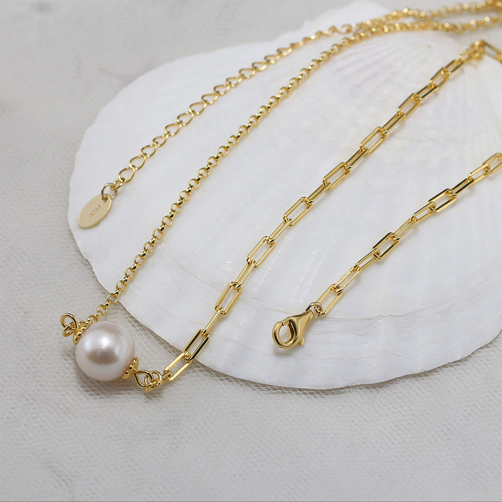 925 Sterling Silver Natural Pearl Necklace Fashion Jewelry Gift for Women Girls