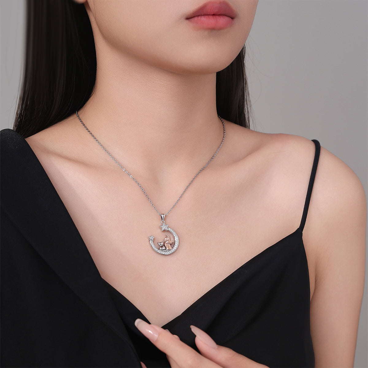 Copper With Silver/Rosegold Plated Cat and Girl Stars Pendant Necklace