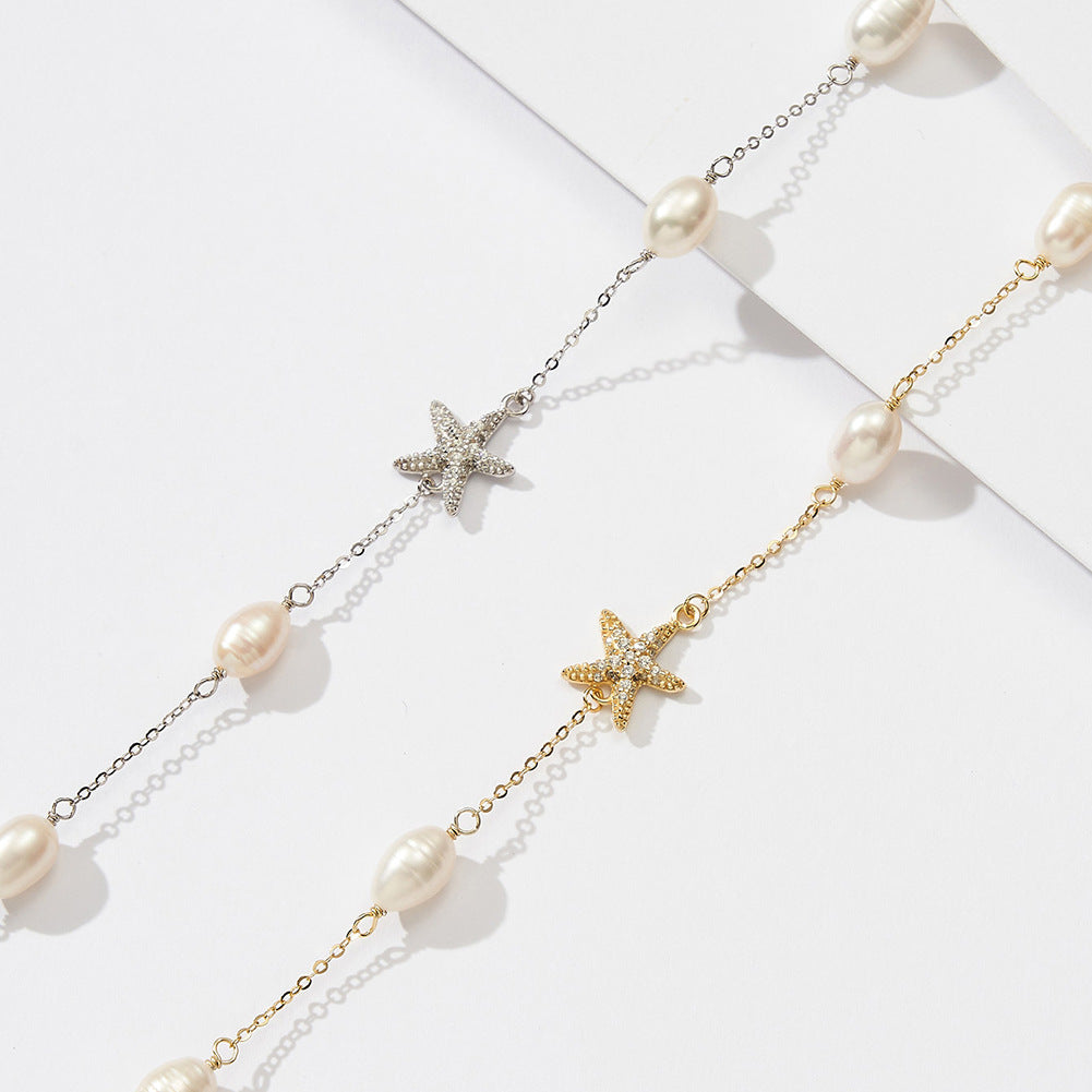 Gold Stainless Steel Baroque Pearl Station Necklace, Pave CZ Starfish Charm Freshwater Pearl Beaded Chain