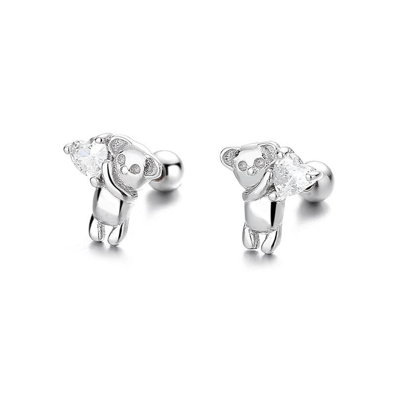 925 Sterling Silver Bear Screw Back Stud Earrings