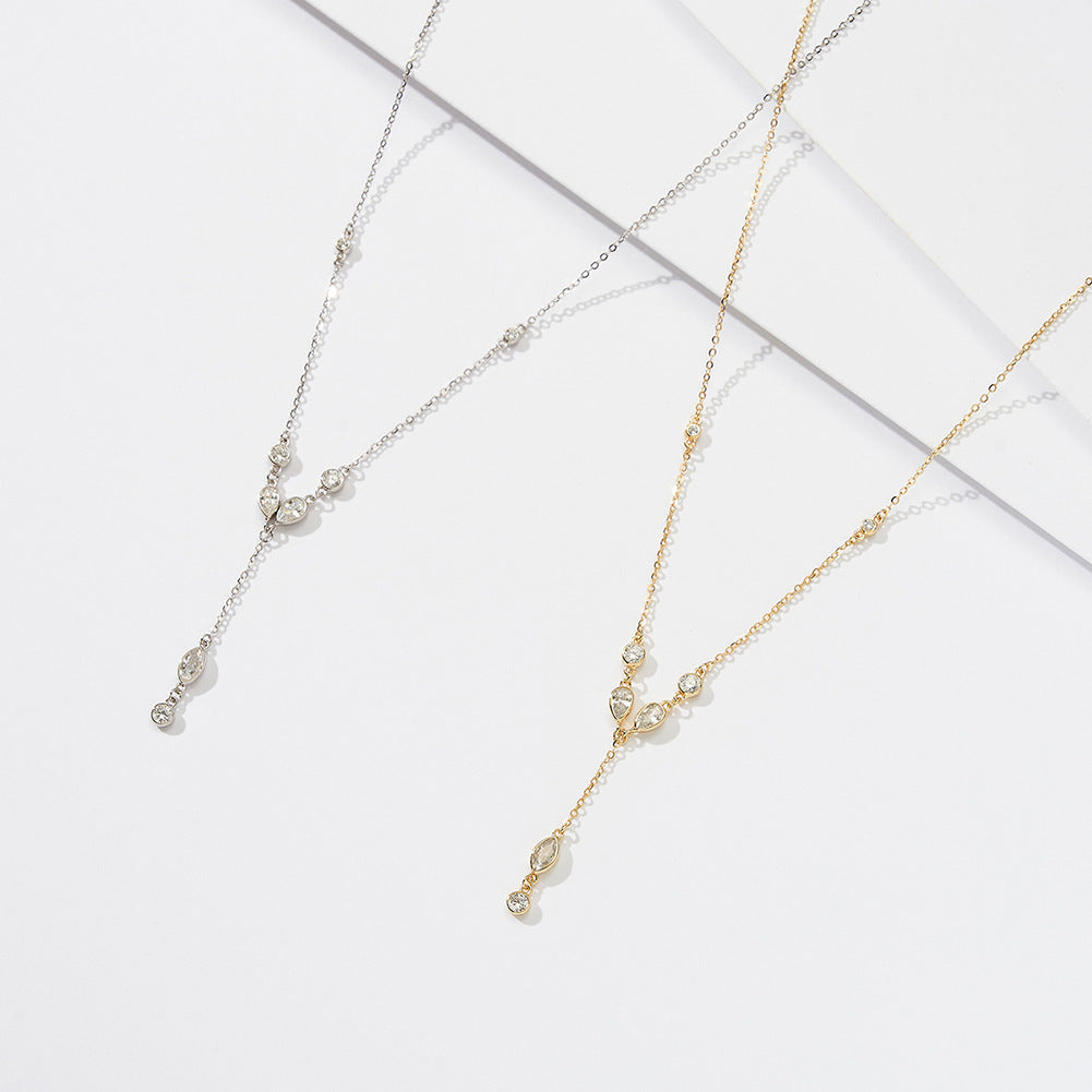 Gold Stainless Steel CZ Y-Drop Necklace, Round & Marquise Cut Cubic Zirconia Bezel Set Station Chain Lariat Necklace