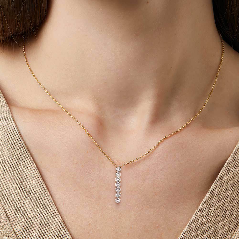 Gold Stainless Steel Vertical Linear CZ Drop Necklace, 7 Pcs Round Cubic Zirconia Bar Pendant Cable Chain