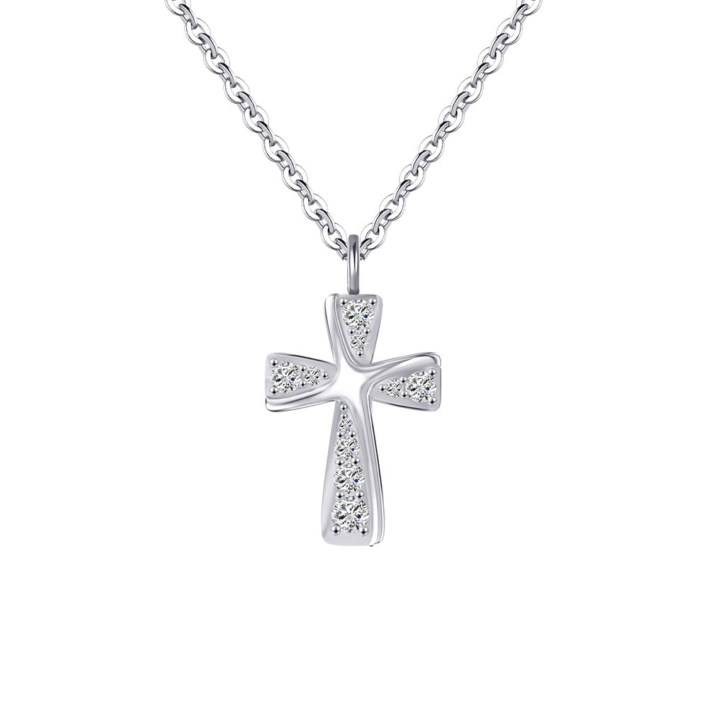Gold Stainless Steel Polished Cross Pendant Necklace, Multi Round Clear CZ Inlaid Cross Charm Rolo Chain For Women