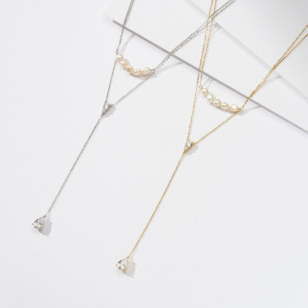 Gold Stainless Steel Two Layer Lariat Y Necklace, Baroque Pearl Choker, Teardrop Cubic Zirconia Drop Y-Drop Chain