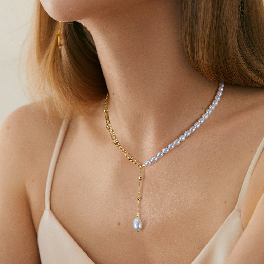925 Sterling Silver Natural Pearl Necklace Fashion Jewelry Gift for Women Girls