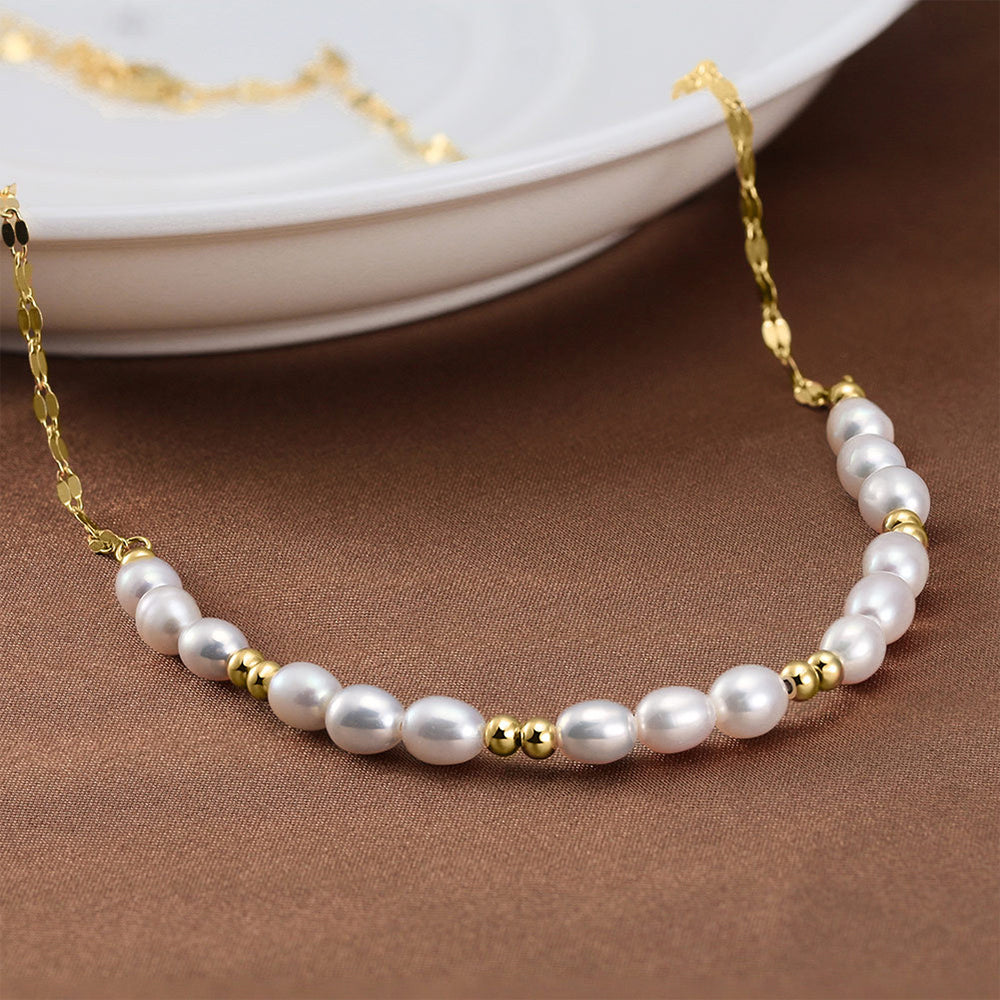 925 Sterling Silver Natural Pearl Necklace Fashion Jewelry Gift for Women Girls