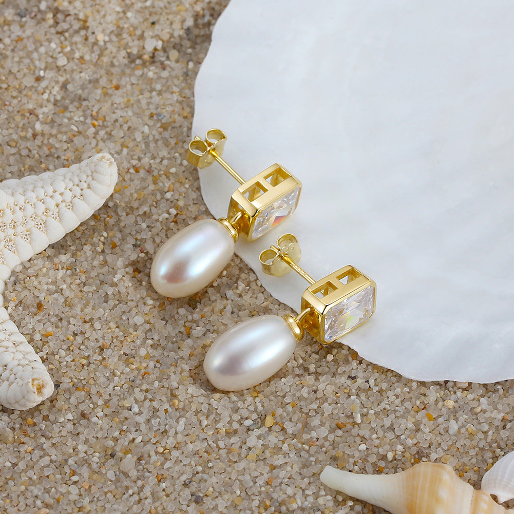 925 Sterling Silver Natural Pearl Earrings Fashion Jewelry Gift for Women Girl