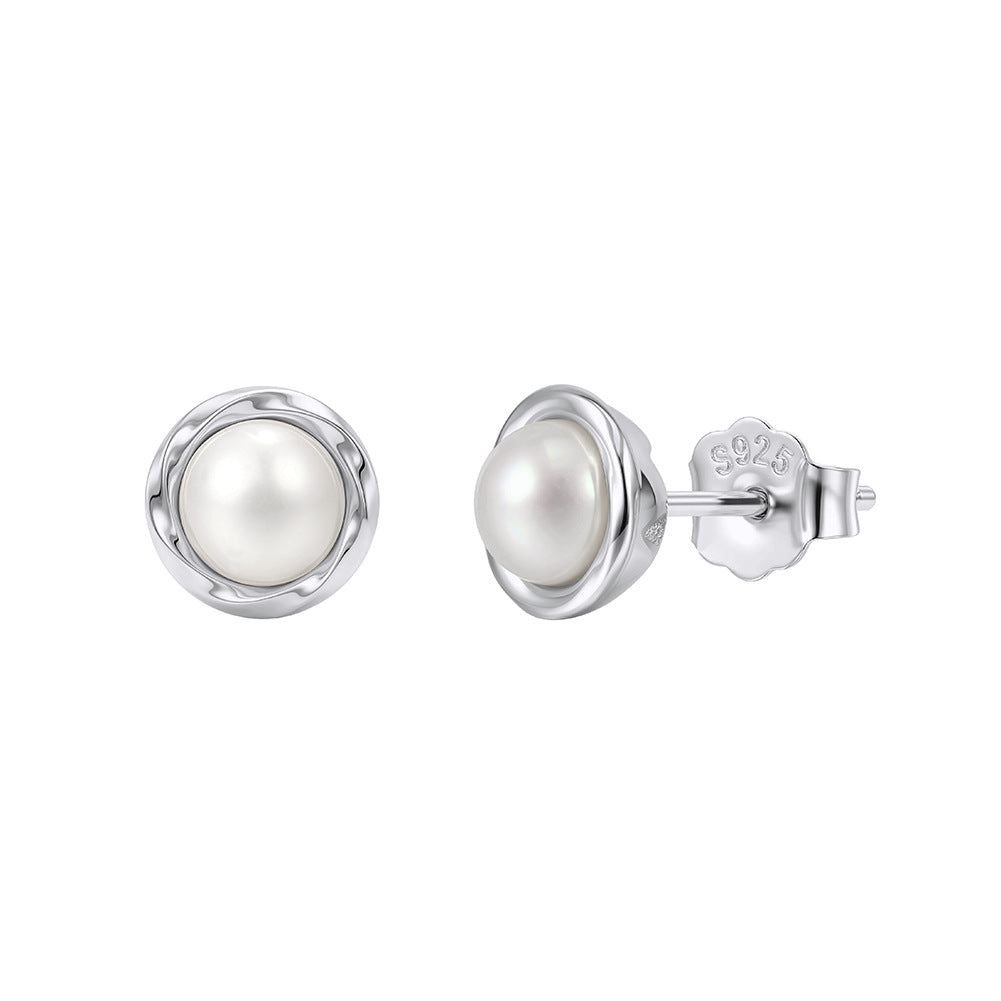 S925 Sterling Silver Twisted Bezel Round Freshwater Pearl Stud Earrings, Smooth Wavy Frame Lustrous Pearl Minimalist Ear Studs