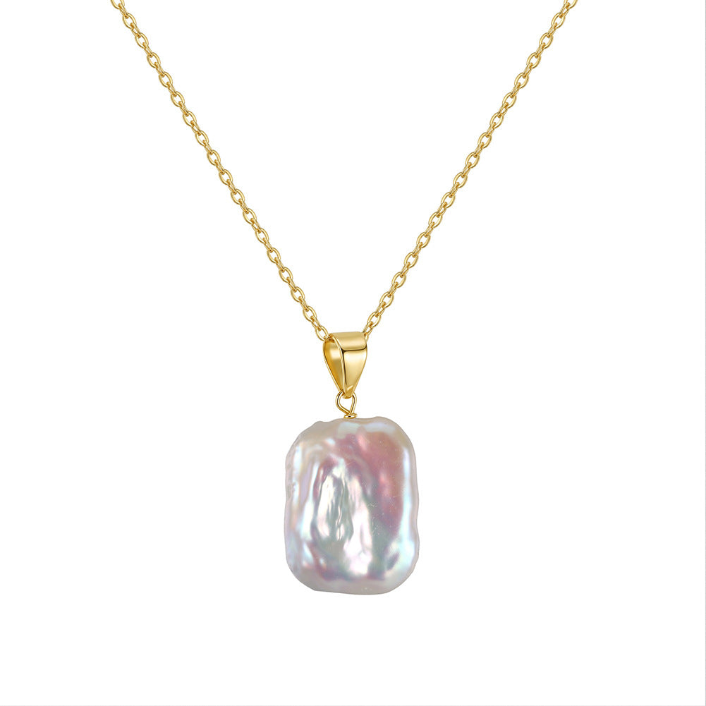 Freeform Baroque Freshwater Pearl Necklace, Rainbow Iridescent Lustre Pearl Silver Pendant Necklace