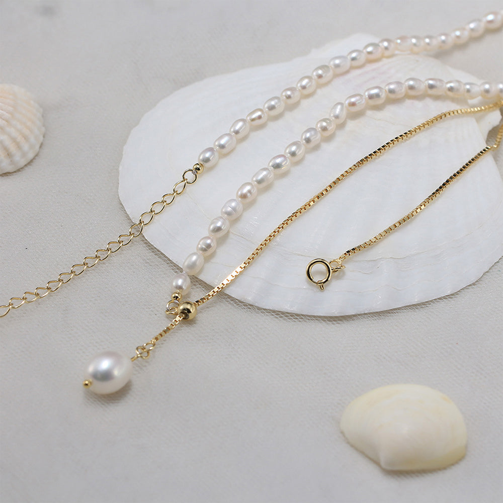 925 Sterling Silver Natural Pearl Necklace Fashion Jewelry Gift for Women Girls