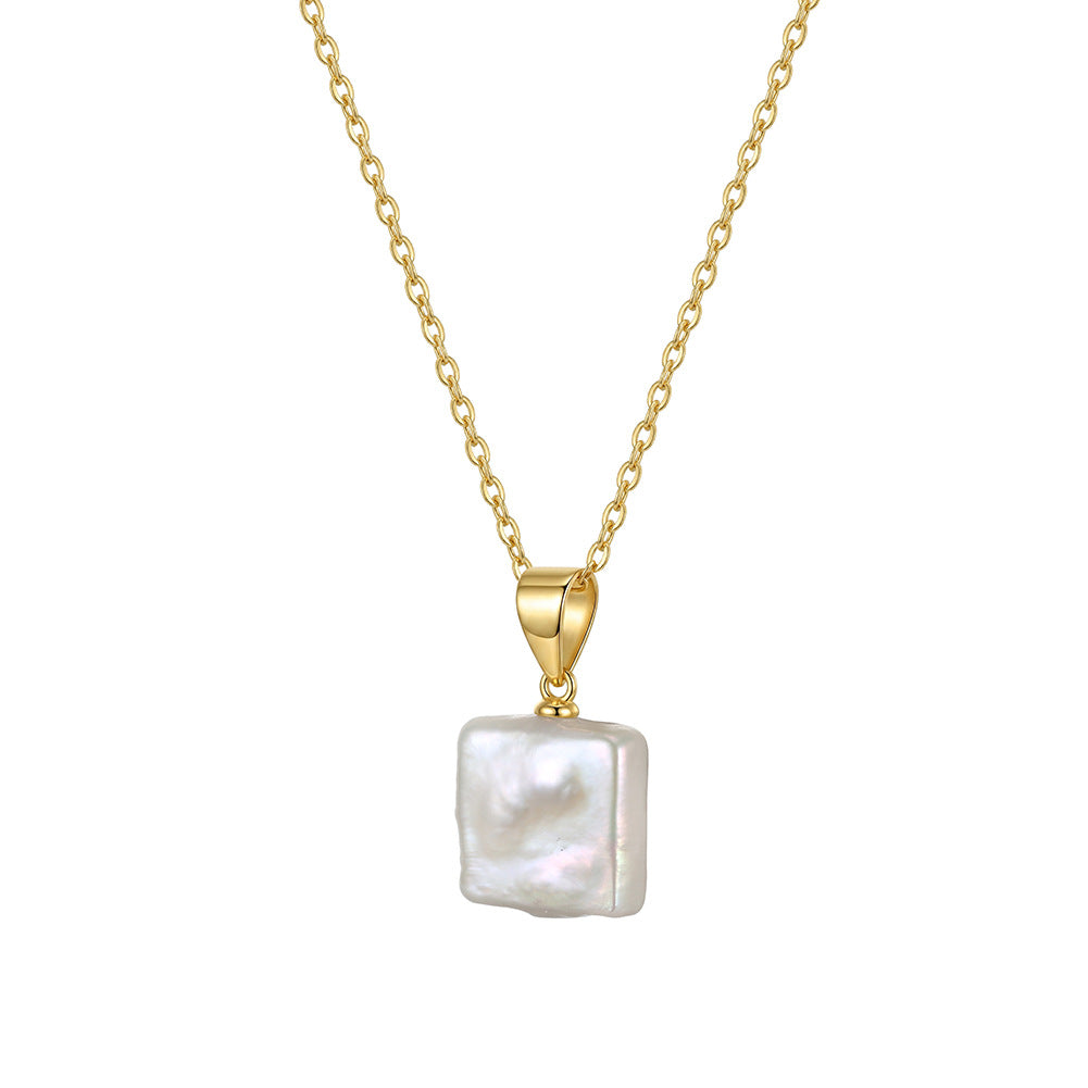 Square Baroque Freshwater Pearl Pendant Necklace, Natural Irregular Luminous Pearl Silver Chain Necklace