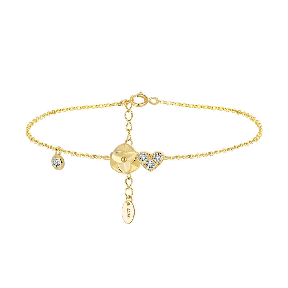 925 Sterling Silver Heart And Flower Bracelet