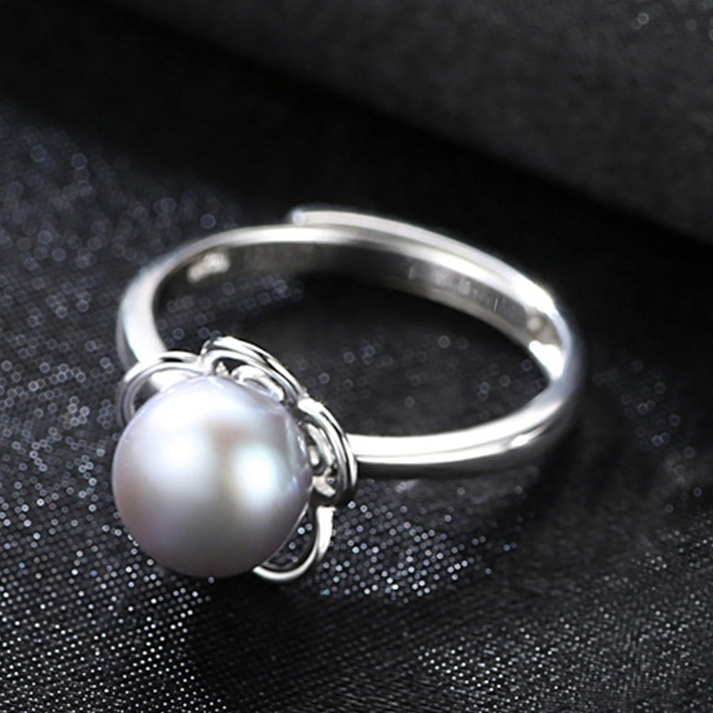 925 Sterling Silver Natural Pearl Ring Fashion Jewelry Gift for Women Girls