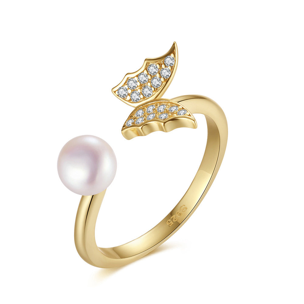 925 Sterling Silver Natural Pearl Ring Fashion Jewelry Gift for Women Girls
