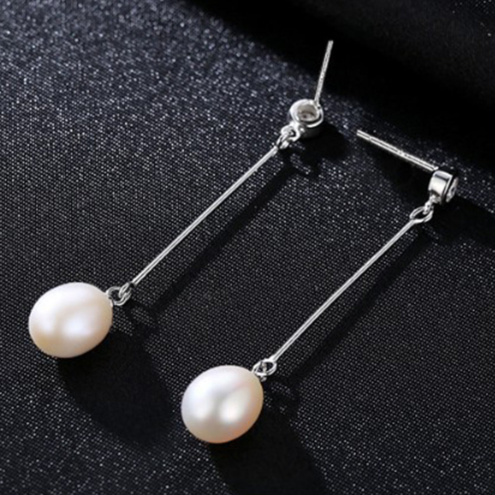 925 Sterling Silver Natural Pearl Long Drop Earrings Fashion Jewelry Gift for Women Girls