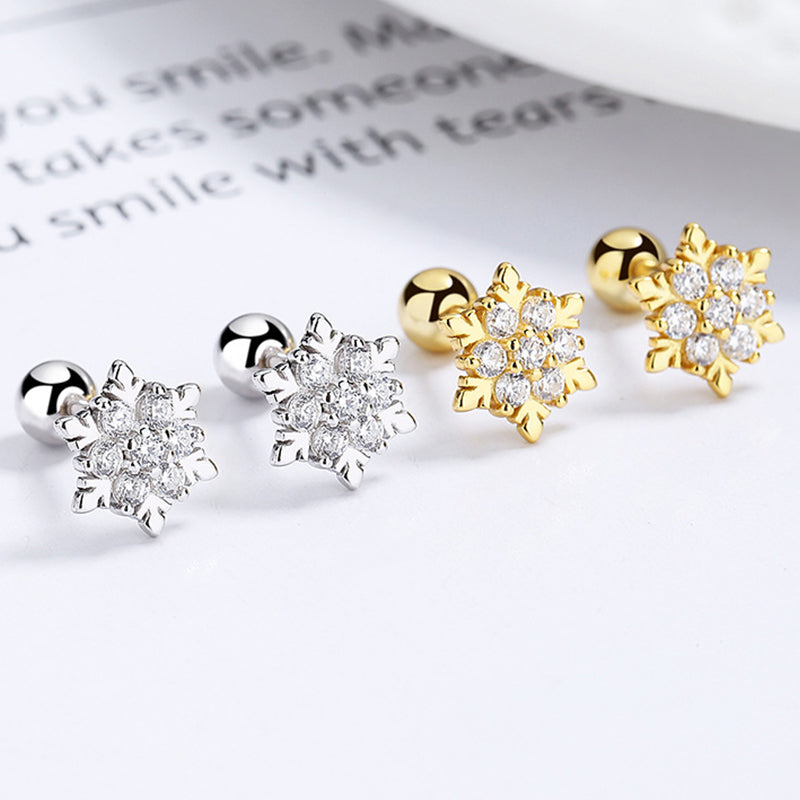 925 Sterling Silver Snowflake Screw Back Stud Earrings