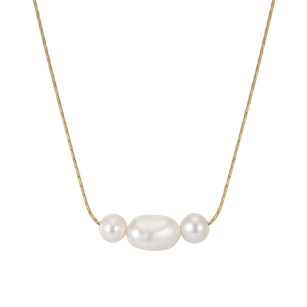 Three Bead Glossy Rice Freshwater Pearl Necklace, Central Large Oval Pearl with Round Side Pearls Gold Paperclip Chain