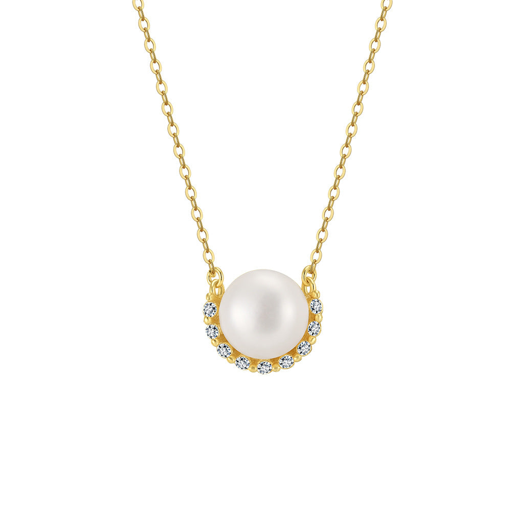 Single Large Round Lustrous Freshwater Pearl Pendant Necklace, Pale Pink Pearl with Halo Cubic Zirconia S925 Silver Cable Chain