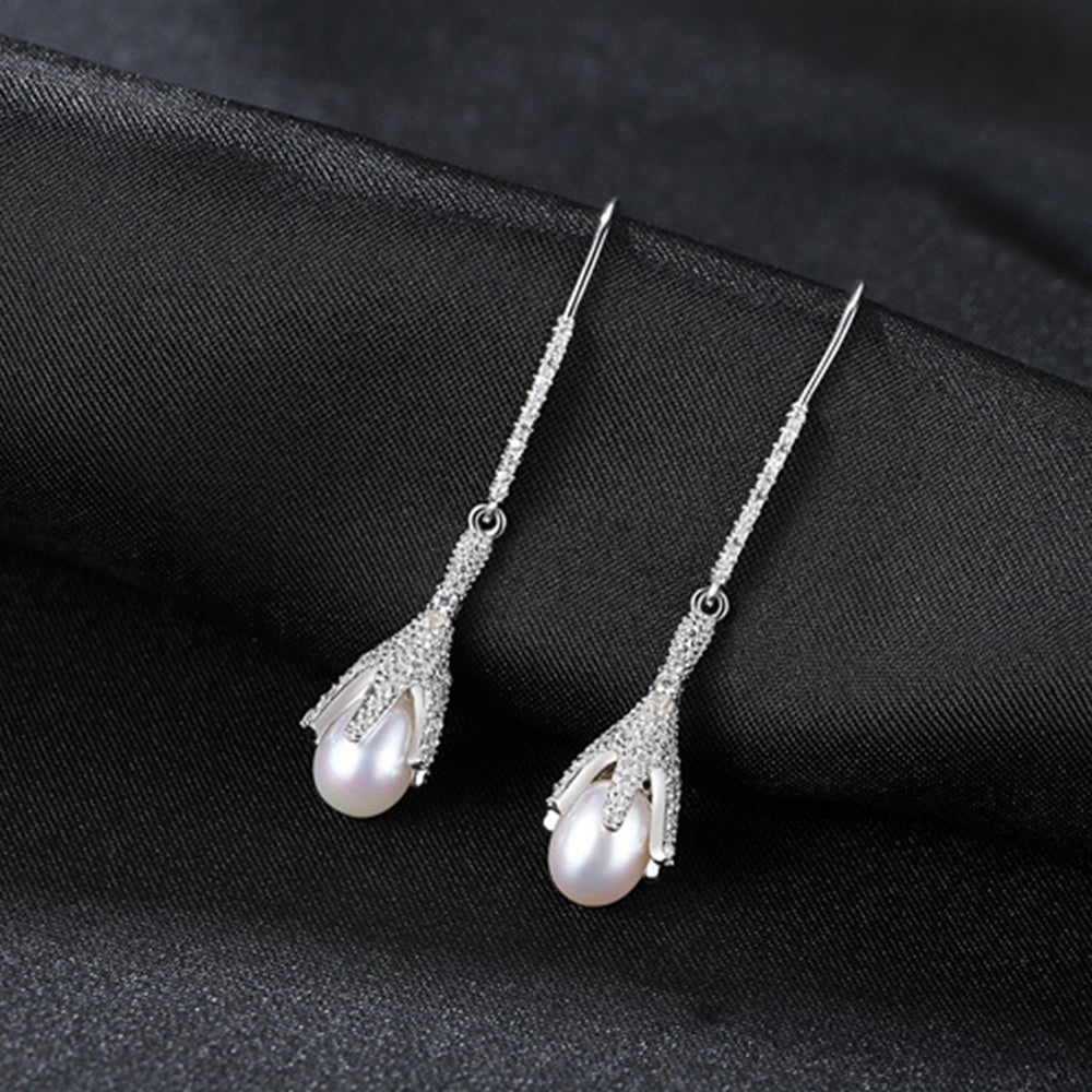 925 Sterling Silver Natural Pearl Drop Earrings Fashion Jewelry Gift for Women Girls