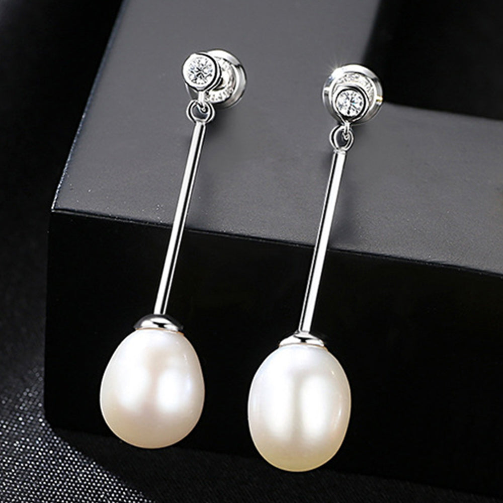 925 Sterling Silver Natural Pearl Long Drop Earrings Fashion Jewelry Gift for Women Girls