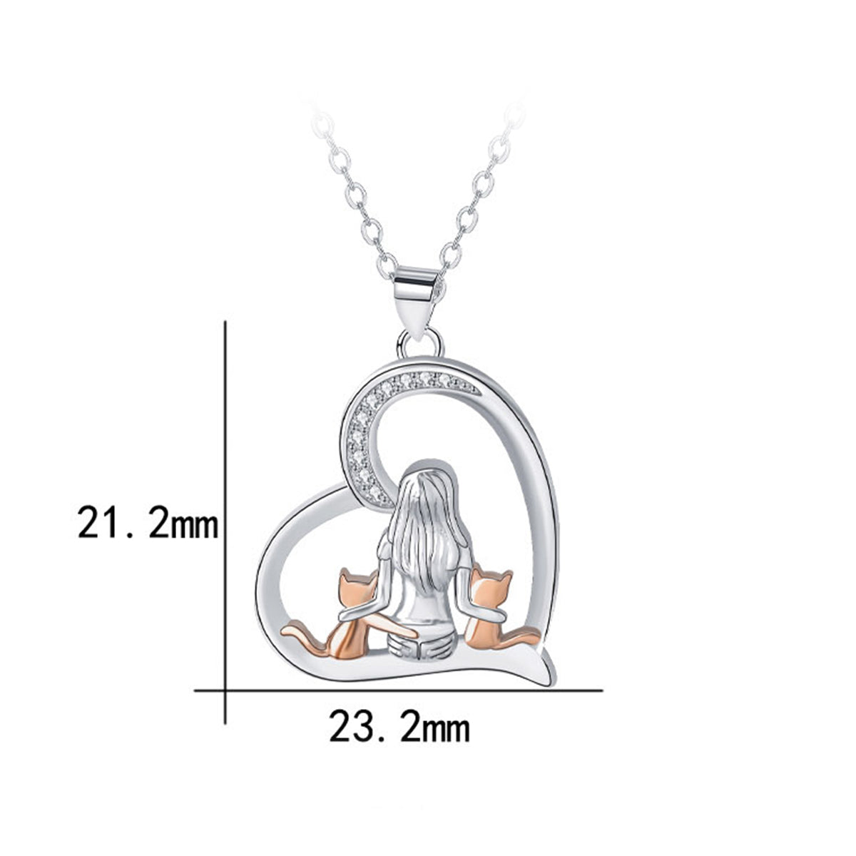 Copper With Silver/Rosegold Plated Girl and Cats Heart Pendant Necklace