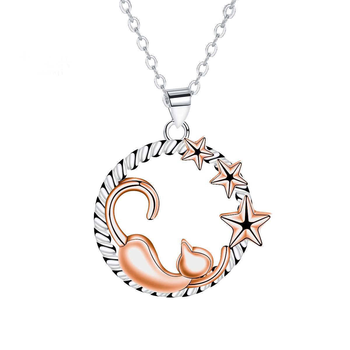 Copper With Silver/Rosgold Plated Cat Stars Pendant Necklace