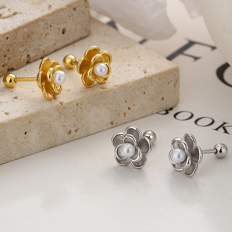 925 Sterling Silver Flower Screw Back Stud Earrings