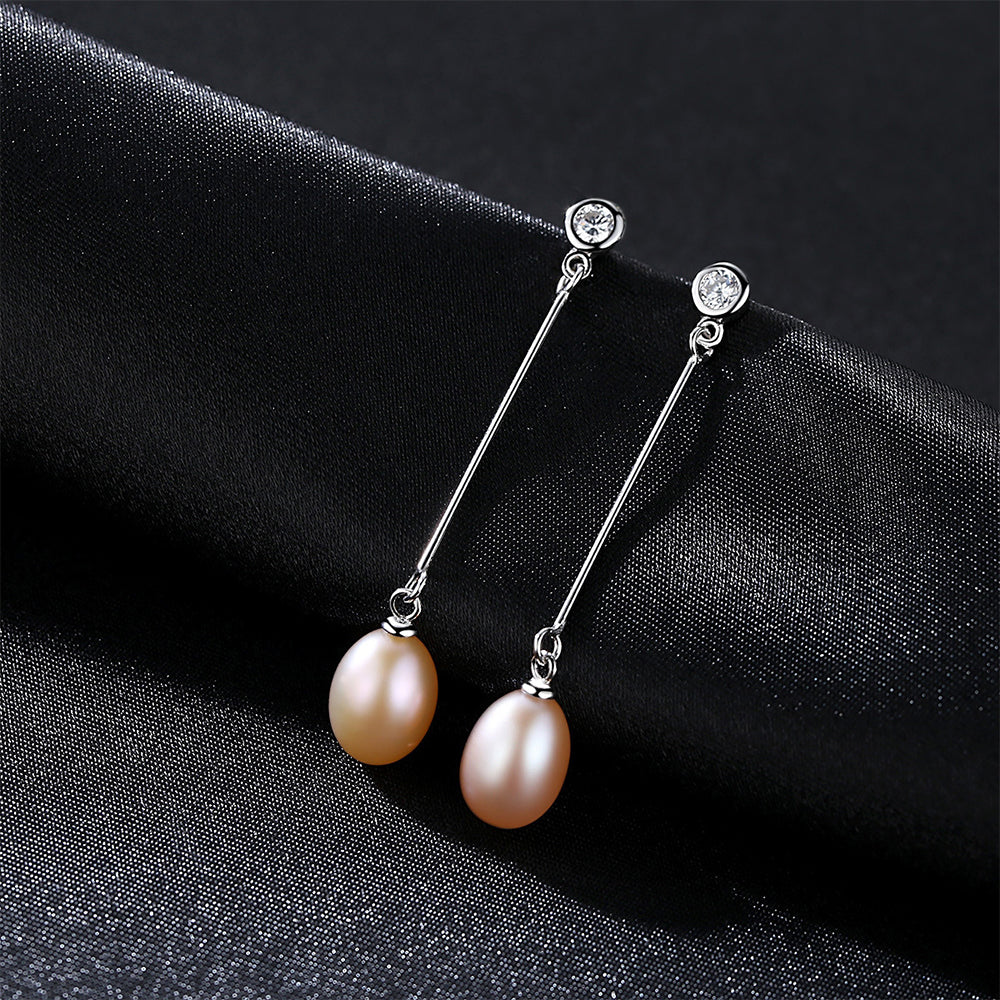 925 Sterling Silver Natural Pearl Long Drop Earrings Fashion Jewelry Gift for Women Girls