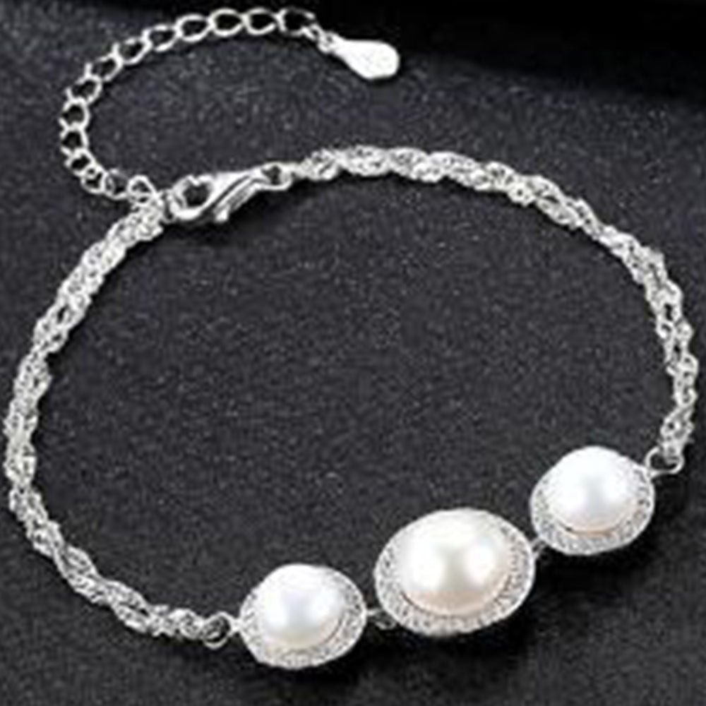 925 Sterling Silver Natural Pearl Bracelet Fashion Jewelry Gift for Women Girls