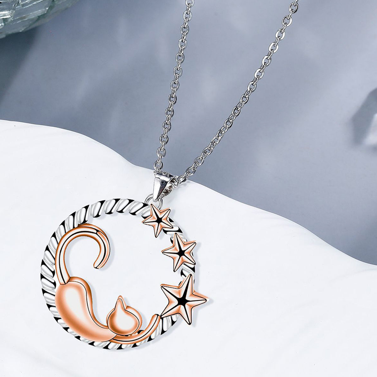 Copper With Silver/Rosgold Plated Cat Stars Pendant Necklace