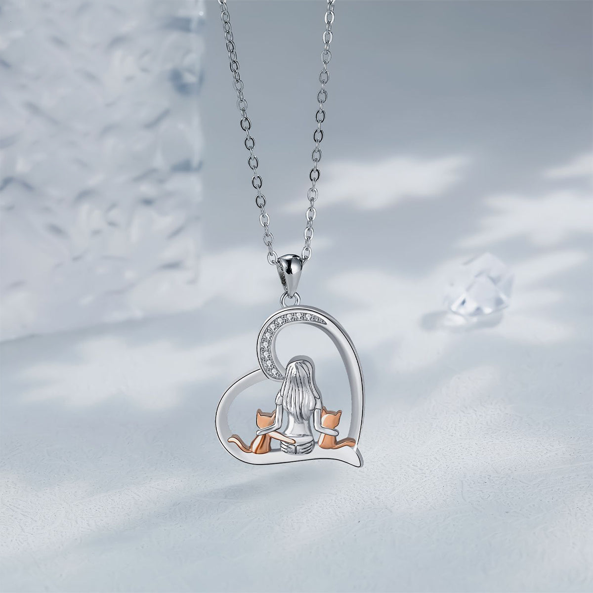 Copper With Silver/Rosegold Plated Girl and Cats Heart Pendant Necklace