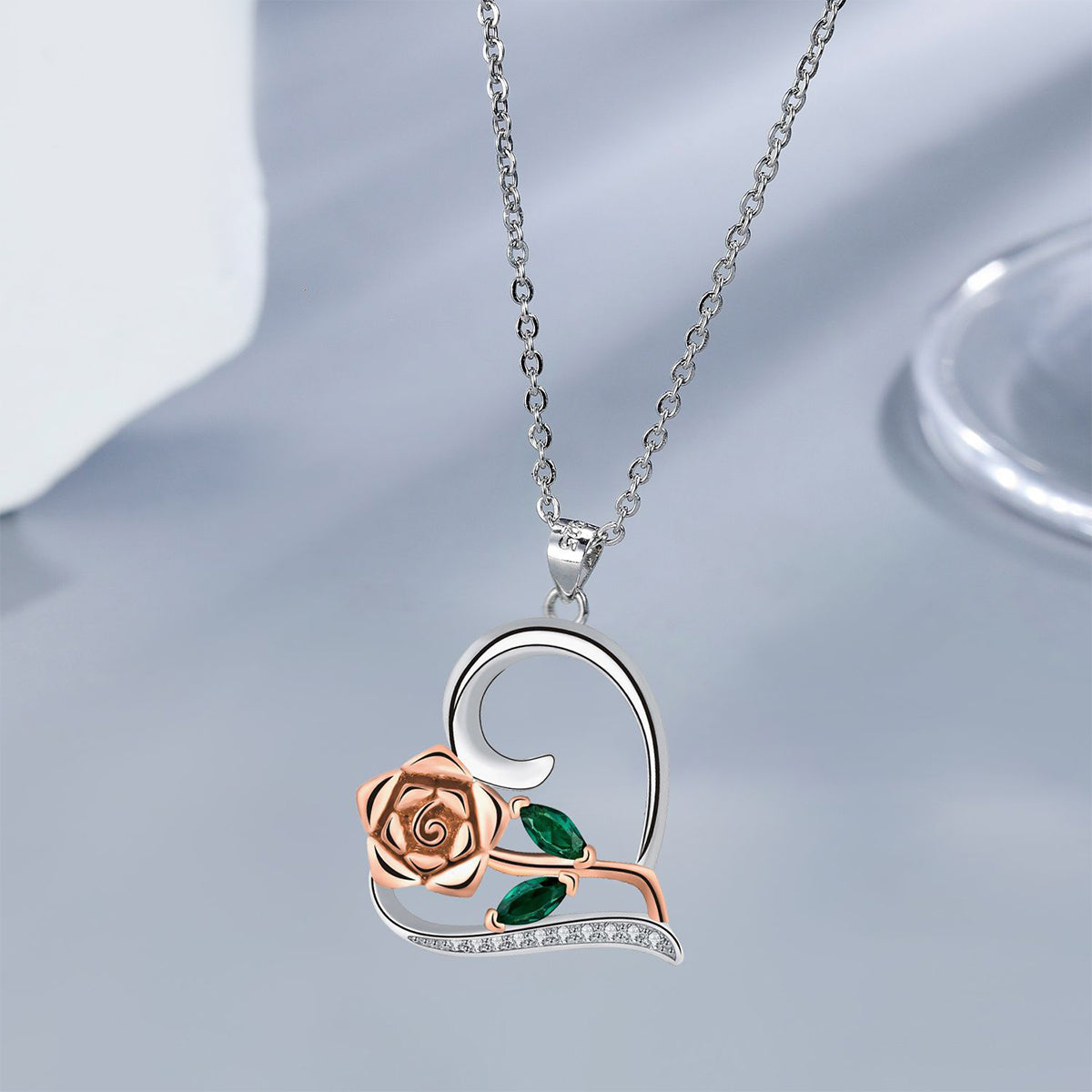 Copper With Silver/Rosgold Plated Heart Rose Pendant Necklace