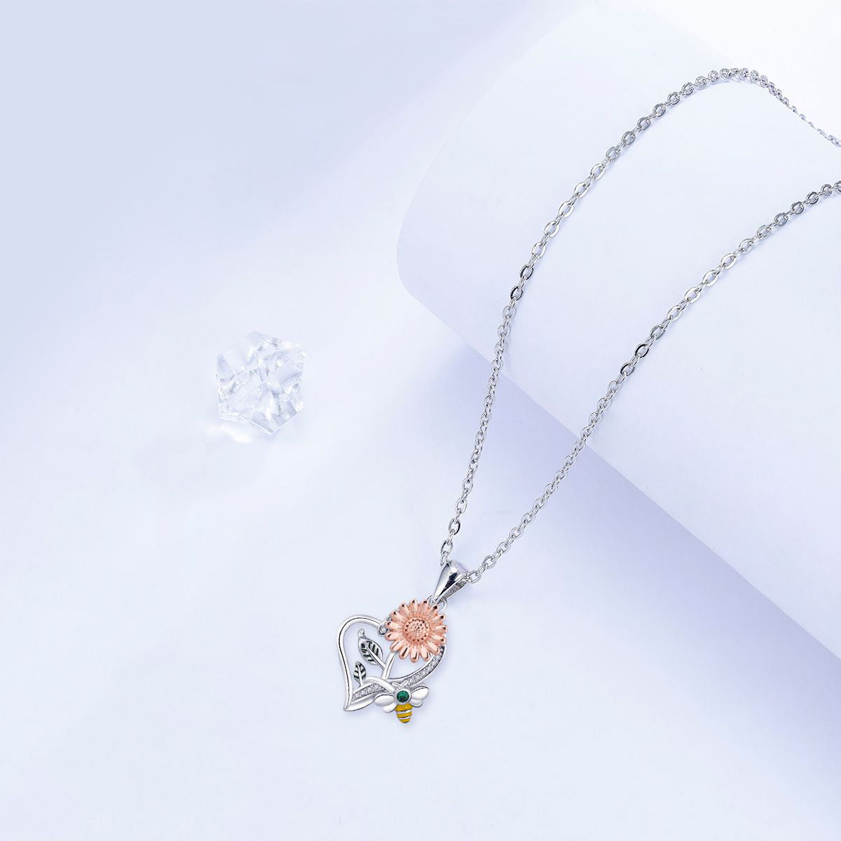 Copper With Silver/Rosegold Plated Sunflower and Bee Pendant Necklace for Women