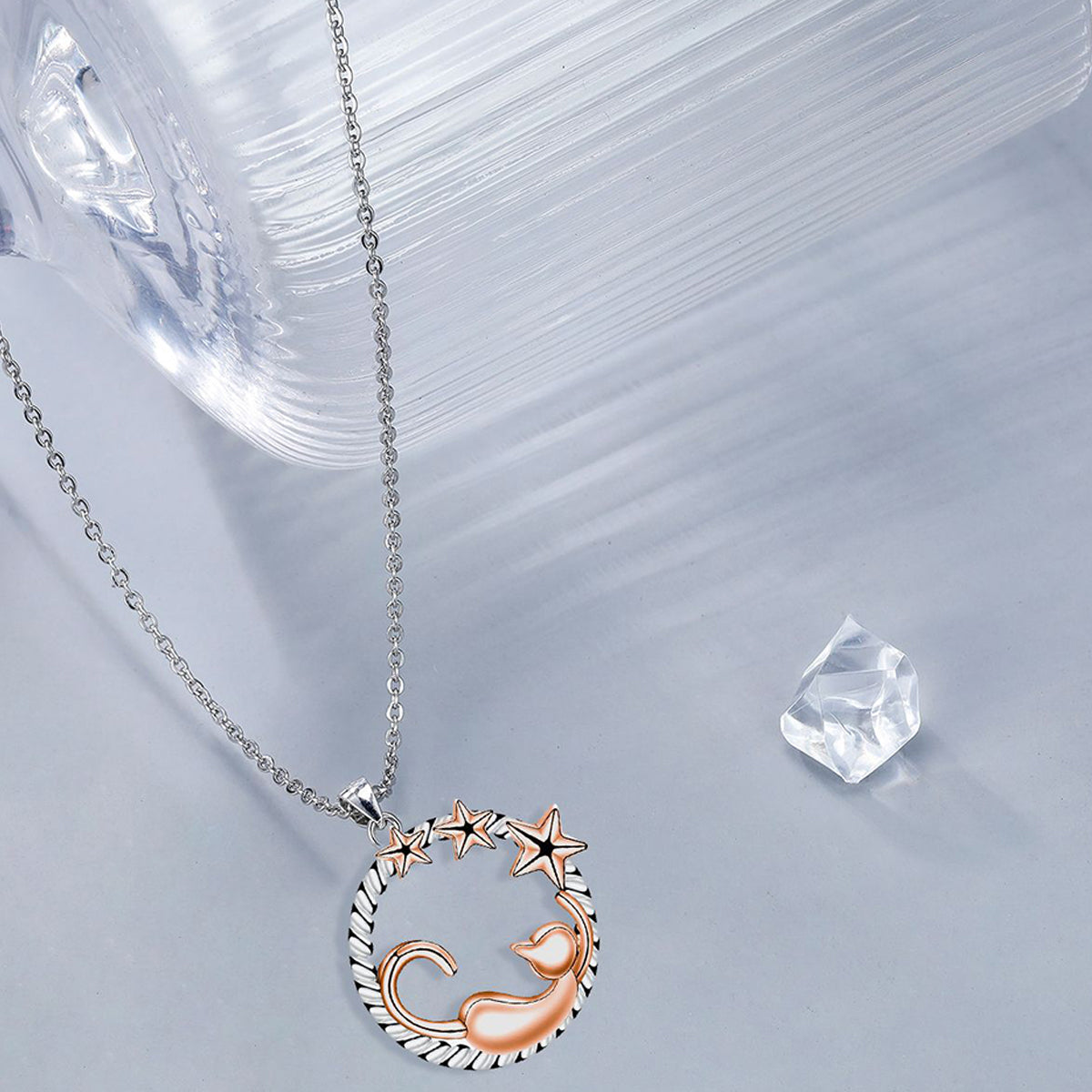 Copper With Silver/Rosgold Plated Cat Stars Pendant Necklace