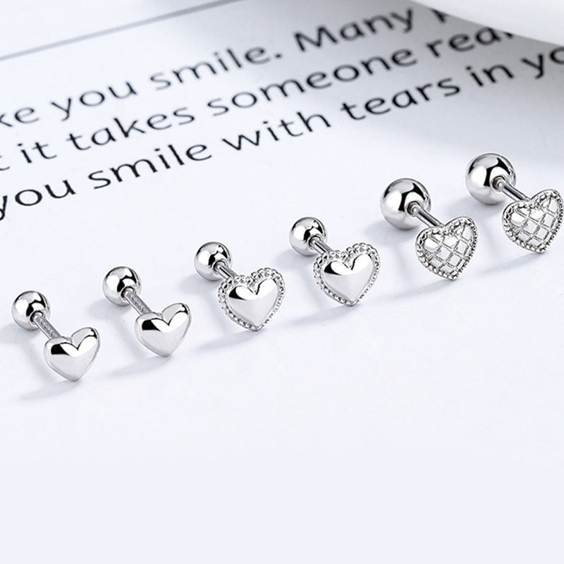 925 Sterling Silver Heart Screw Back Stud Earrings