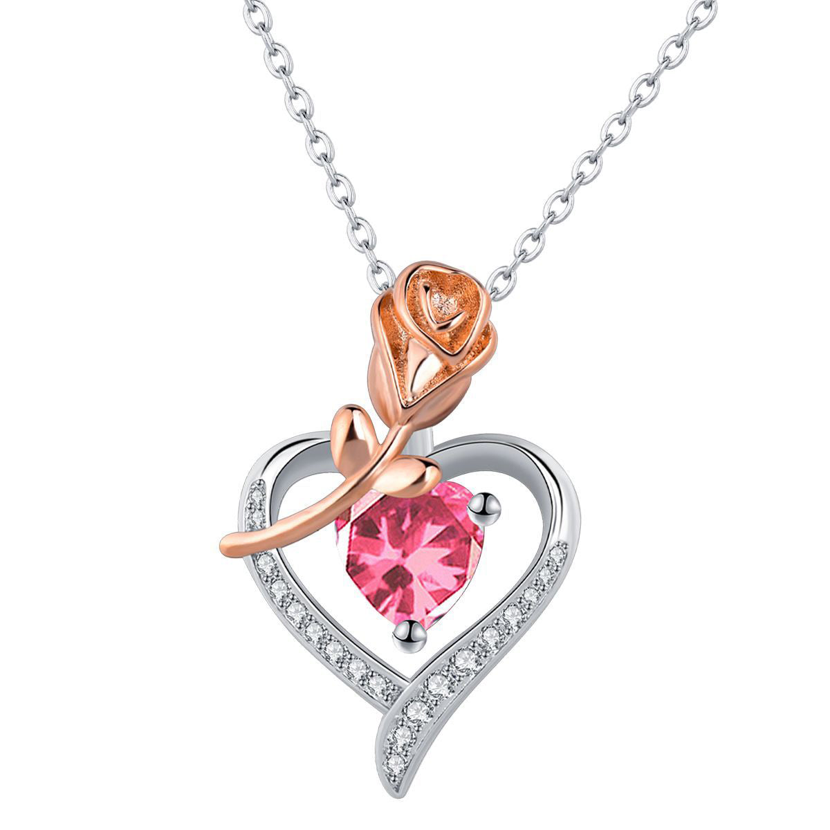 Copper With Silver/Rosegold Plated Heart Rose Pendant Necklace