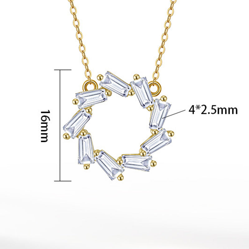 Silver Stainless Steel Baguette CZ Wreath Pendant Necklace, Rectangle Cut Cubic Zirconia Hollow Circle Charm Cable Chain
