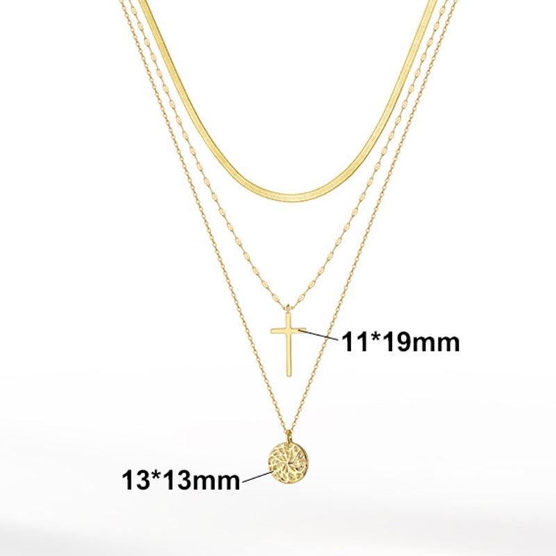 Gold Stainless Steel 3 Layer Stacked Necklace, Flat Snake Chain, Simple Cross Pendant & Engraved Round Coin Charm