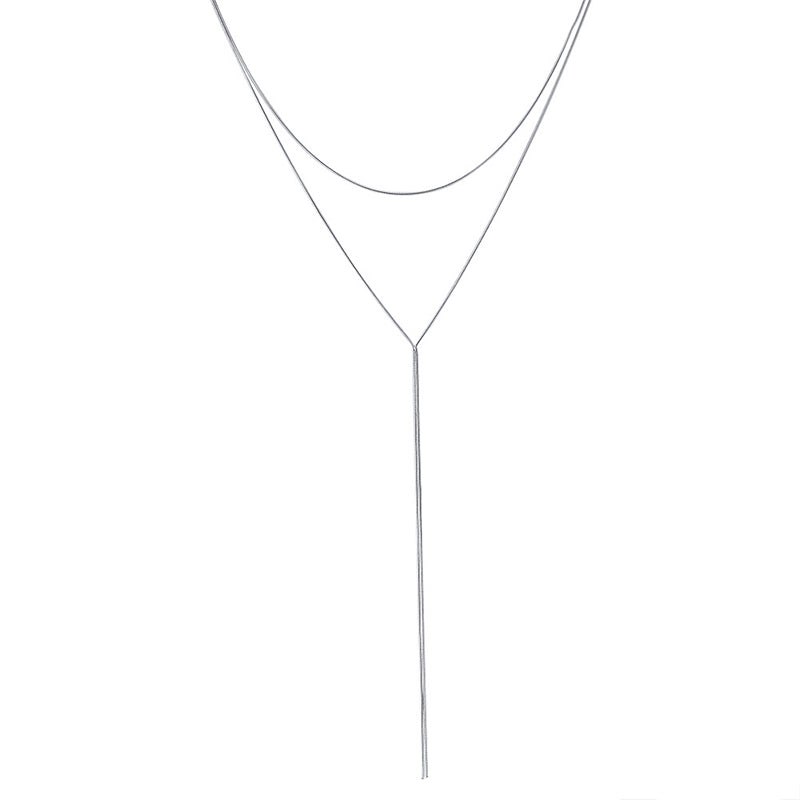 Gold Stainless Steel Double Layer Snake Lariat Necklace, Thin Flat Herringbone Chain Long Y Drop Adjustable Necklace