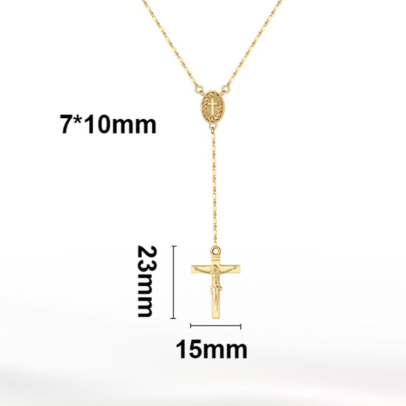 Gold Stainless Steel Rosary Y Lariat Necklace, Beaded Ball Chain with Oval Virgin Mary Medal and Jesus Crucifix Cross Pendant