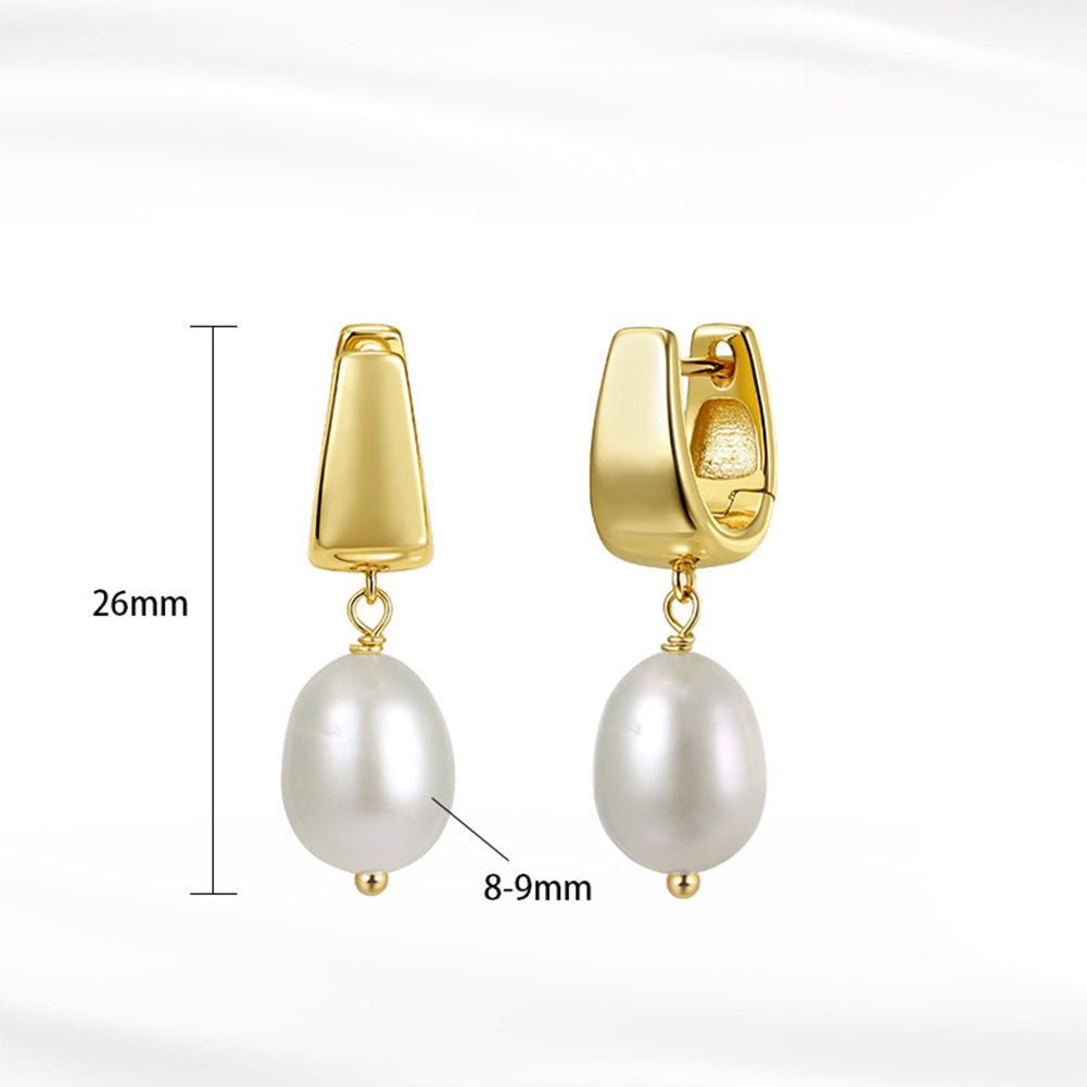 S925 Sterling Silver Huggie Hoop Teardrop Freshwater Pearl Dangle Earrings, Polished U-Shape Hoop with Lustrous Oval Pearl Drop